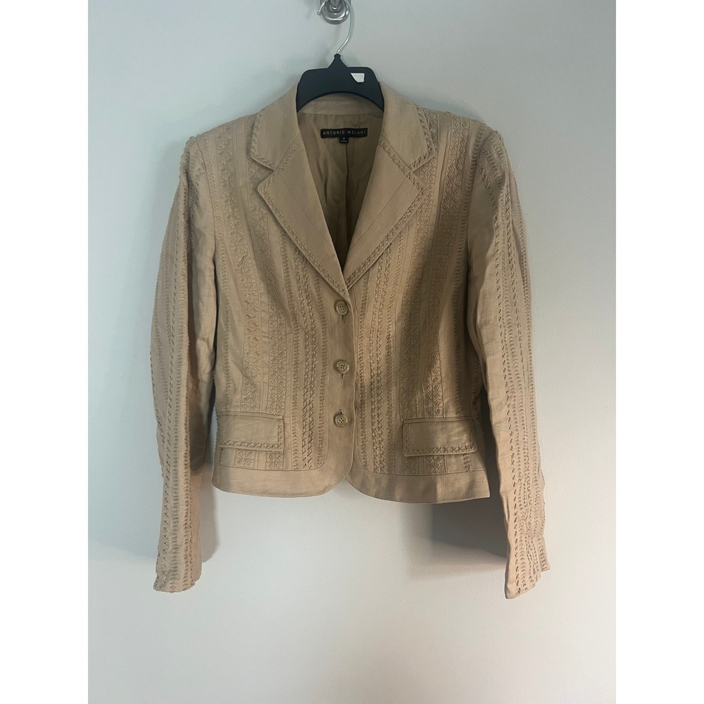 Antonio Melani Tan Embroidered Linen Blend Three Button Blazer Jacket Size 6